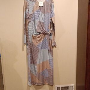 Long Sleeve Geometric Stripe Maxi Dress - Beige & Blue